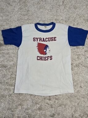 VTG 70s Syracuse Chiefs Vintage-Style Ringer Tee in White & Royal Blue M